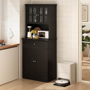 Black Wooden 29.9 in. Width Food Pantry, Pantry Cabinet with Transparent Doors, Drawer, Adjustable Shelves and Hutch