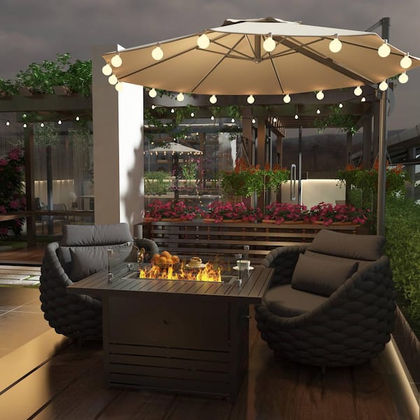 3-Peice Aluminum Patio Rectangle Fire Pit Conversation Set with Dark Gray Cushion and Polyester woven Single Sofa