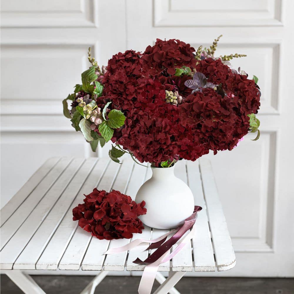 11.1 in. Dark Red Outdoor Artificial Hydrangea Flower for Decoration (Set o