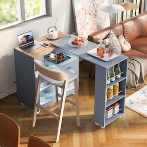 Gray Rubberwood 33.2 in. Kitchen Island with Extended Table LED Lights Power Outlets 2-Fluted Glass Doors 3-Open Shelves