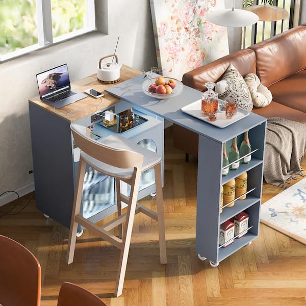 Unbranded Gray Rubberwood 33.2 in. Kitchen Island with Extended Table LED Lights Power Outlets 2-Fluted Glass Doors 3-Open Shelves