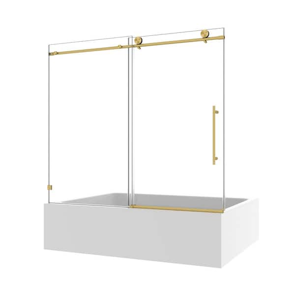 60 x 63 in. Brushed Gold Frameless Shower Door — Fixed and Shifting, 70MM SS Pulleys, Soft-Close, Nano Cleaning
