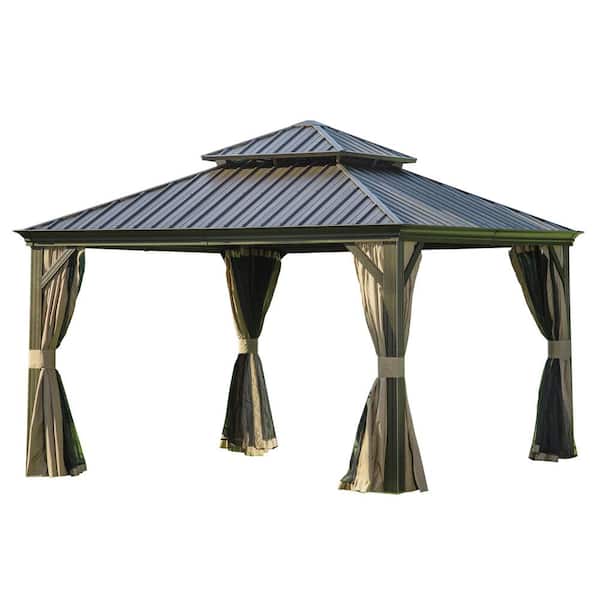 domi outdoor living 12 ft. x 12 ft. Aluminum Hardtop Gazebo with Galvanized Steel Double Roof Netting Curtains