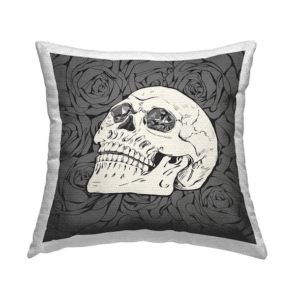 Stupell Industries Monochrome Goth Skull Roses Grey Square Outdoor Throw Pillow