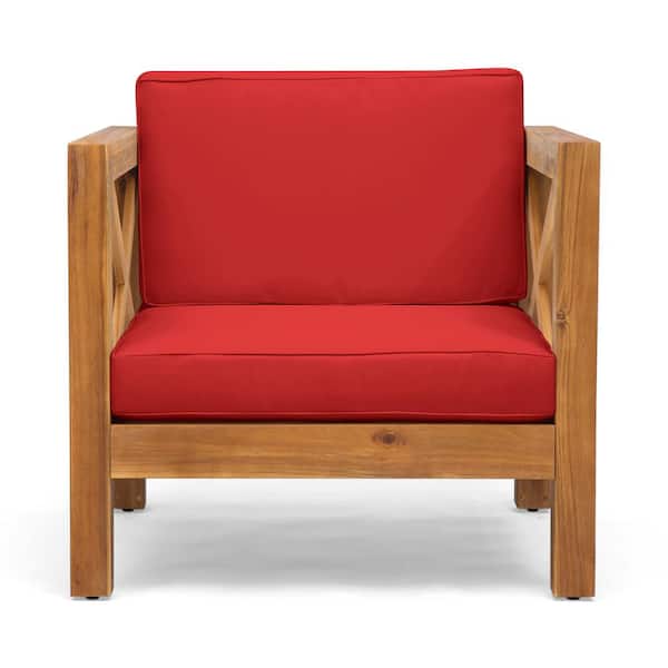 Brava Teak Brown Removable Cushions Wood Outdoor Patio Lounge Chair with Red Cushions