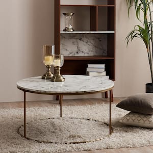 36 in. x 18 in. Marmo Modern Marble-Look Round Coffee Table, Marble/Brass