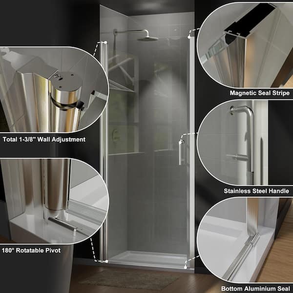 Unbranded - 34 in. W x 72 in. H Pivot Semi-Frameless Shower Door in Brushed Nickel with Clear Glass