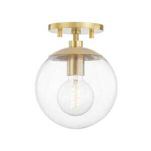 Meadow 8.75 in. 1-Light Aged Brass Semi Flush with Clear Glass Shade