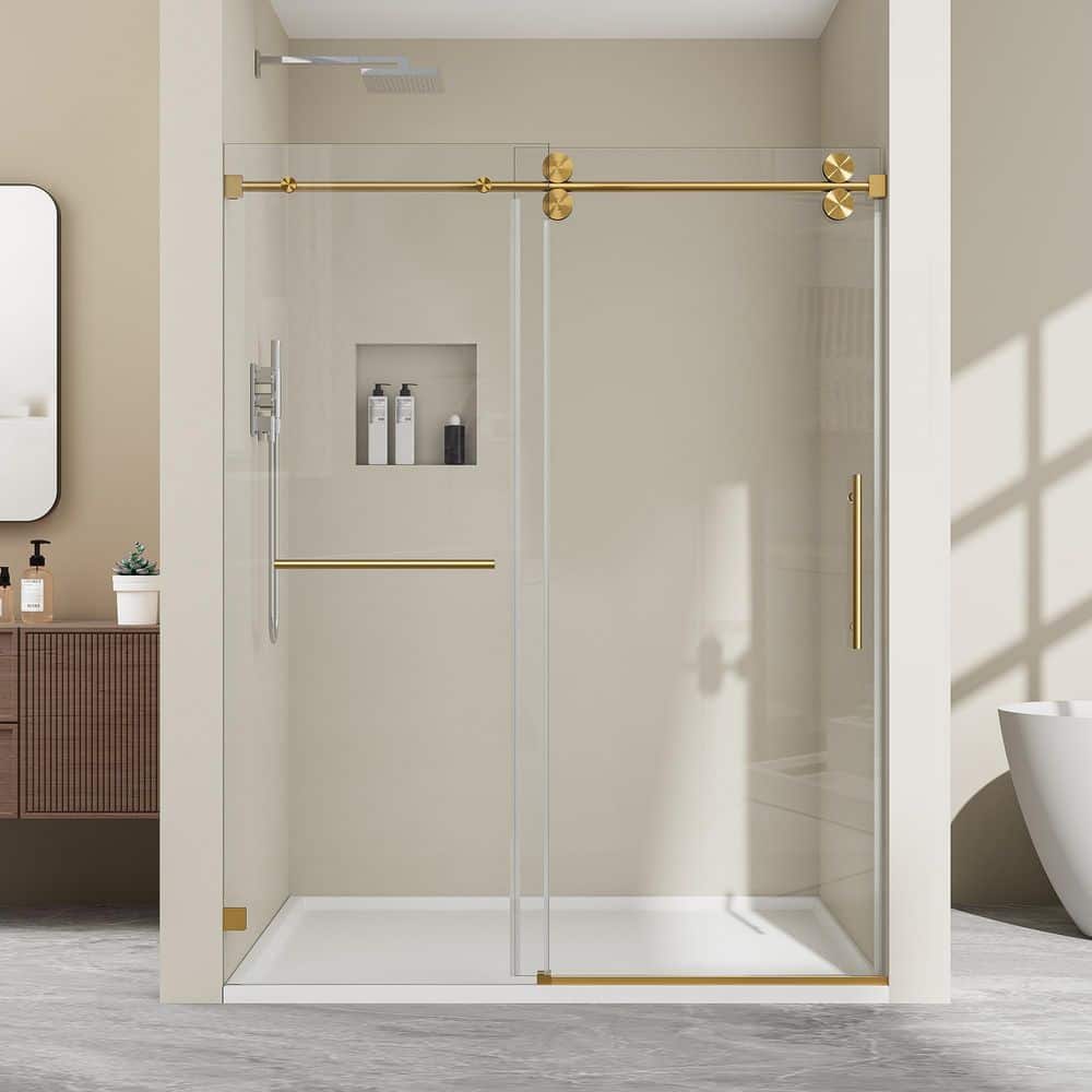 50-54.5 in. W x 76 in. H Single Sliding Frameless Shower Door Brushed Gold 3/8 in. Clear Glass with 1-Towel Bar price history on PriceWatchPro