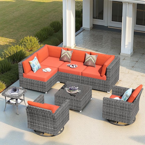 HOOOWOOO Messi Grey 8-Piece Wicker Outdoor Patio Conversation Sofa Set with Swivel Rocking chairs and Orange Red Cushions