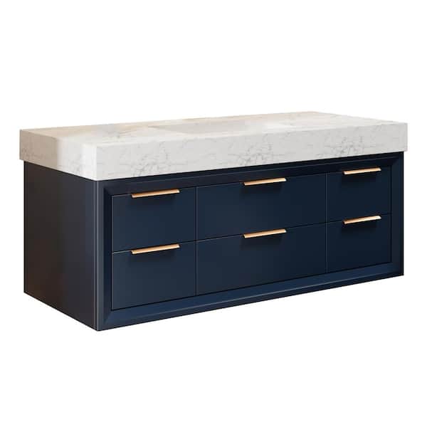 Lonni 48 in. W X 21 in. D X 21.3 in.H Floating Bathroom Vanity in Blue Solid Oak/White Marble Countertop and Lights