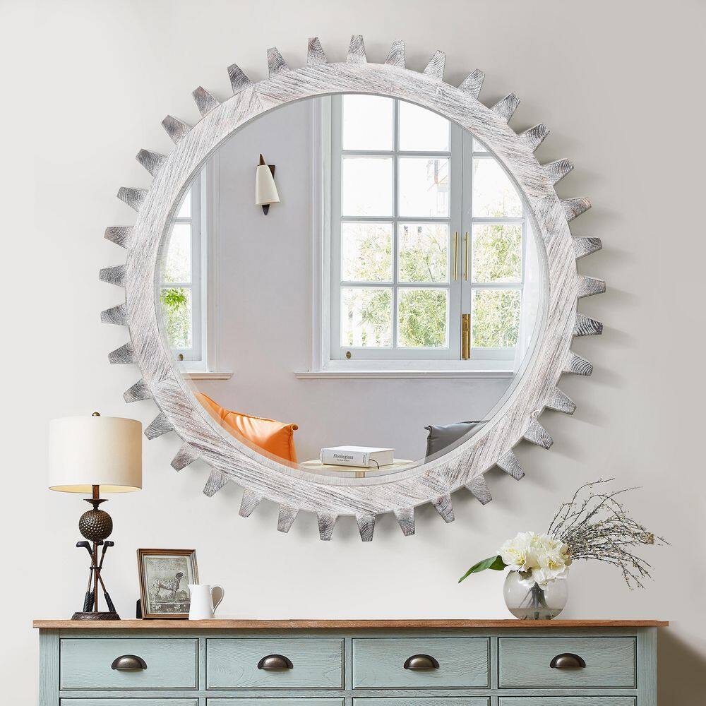 Gear Shape 42 in W x 42 in. H Round Wood Framed Wall Bathroom Vanity Mirror