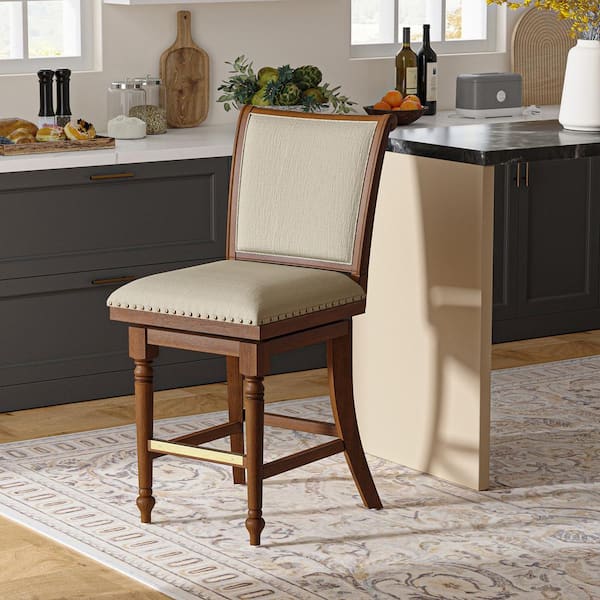 Johannes Walnut 26.25 in. Farmhouse Wood Swivel Bar Stool with Nailhead Trims