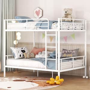 Detachable White Full over Full Metal Bunk Bed with Built-in Ladder and Full-Length Guardrails for Upper Bed