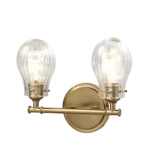 14 in. 2-Light Antique Brass Vanity Light with Clear Glass Shade