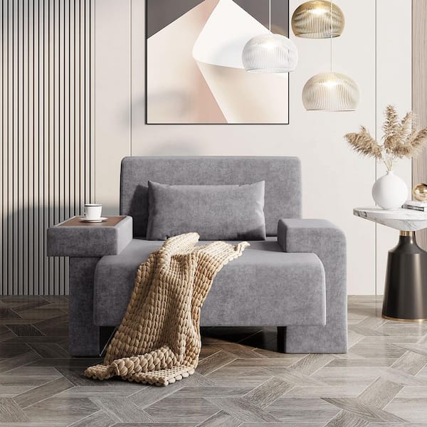 Gray Contemporary Chic Polyester Armchair with Asymmetrical Armrests and Concealed Storage