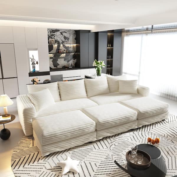 Free Combined 102.4 in. Corduroy Sectional Sofa in. Beige with 3 Movable Ottomans, Transform to Lounge Chair or Sofa Bed