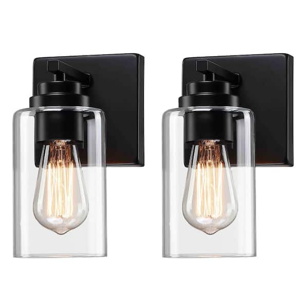 5 in. 1-Light Matte Black Wall Mount Lantern Sconces with Dimmer Switch (Set of 2)