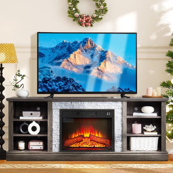 70 in. Freestanding Large TV Desk Storage Rack with Faux Stacked Stone Surround, with Large Storage Cabinet, Grey
