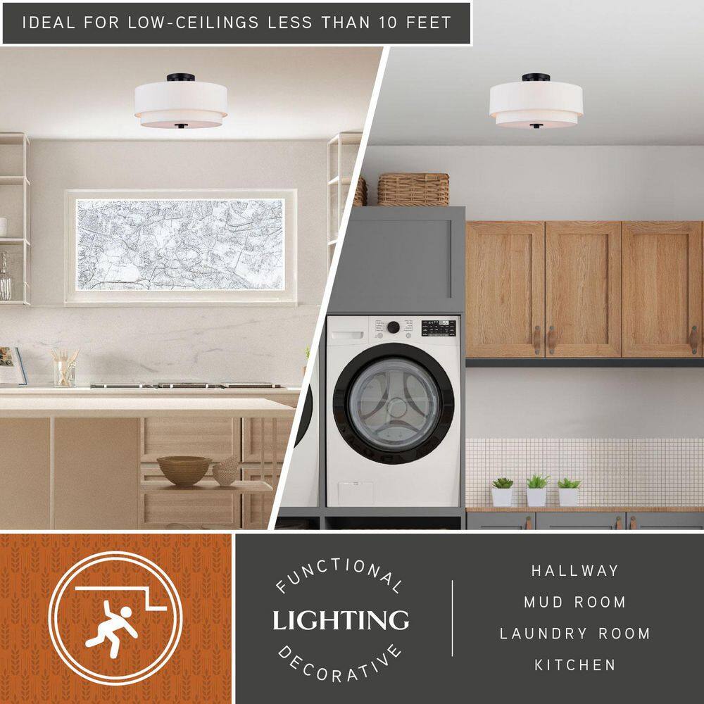 Burnaby 16" Black and White Linen Drum Semi Flush Mount Ceiling Light