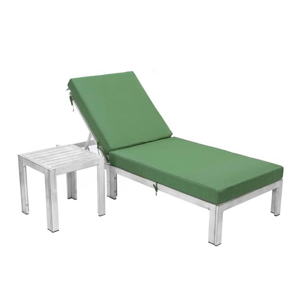 Leisuremod Chelsea Modern Weathered Grey Aluminum Outdoor Patio Chaise Lounge Chair with Side Table and Green Cushions