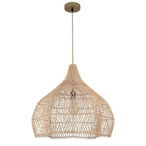 Grande Serenity 1-Light 60-Watt Large Rattan Pendant Light in Brass Coastal Interior Ceiling Hanging Light