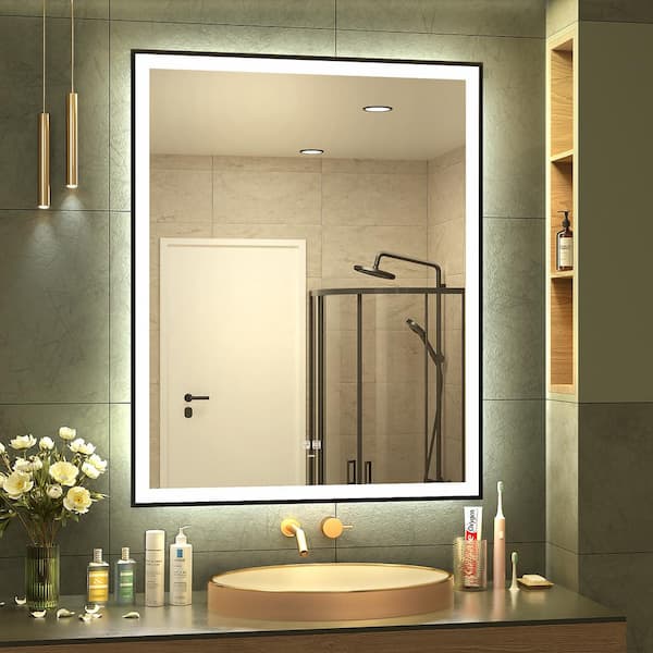 KWW 32 in. W x 40 in. H Large Rectangular Framed Anti-Fog Wall Bathroom Vanity Mirror in Silver