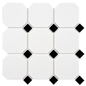 Metro Super Octagon Matte White with Glossy Black Dot 11-5/8 in. x 11-5/8 in. x 5 mm Porcelain Mosaic Tile
