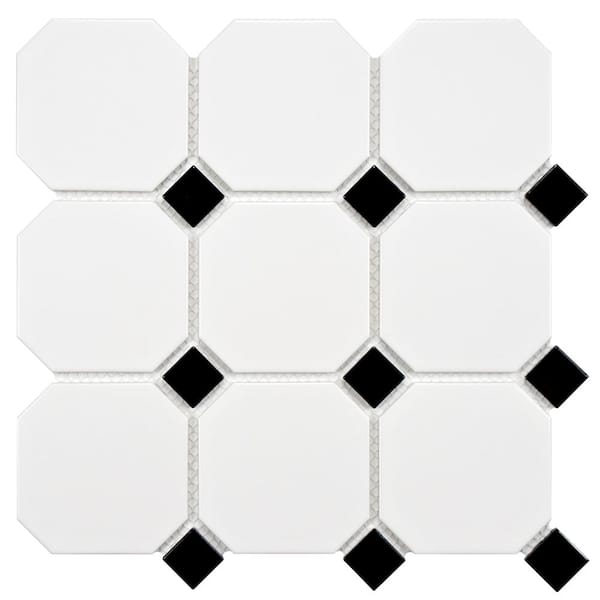 Merola Tile Metro Super Octagon Matte White with Glossy Black Dot 11-5/8x11-5/8 in. x 5 mm Porcelain Mosaic Tile (9.6 sq. ft./case)