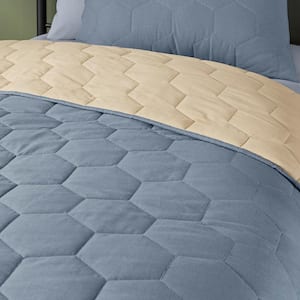 Reversible Steel Blue and Khaki Hexagon Cotton Quilt Set