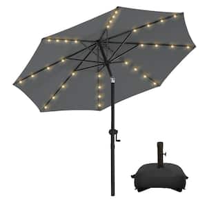 9 ft. Aluminum Solar Led Market Umbrella Outdoor Patio Umbrella with Base 32 LED Lights in Dark Grey