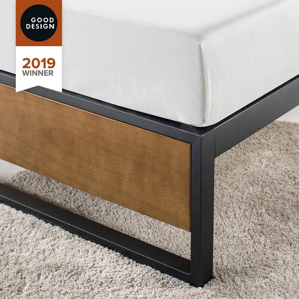 King Size Brown Pine and Metal Platform Bed with Headboard