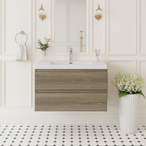 35.4 in. W x 19.7 in. D x 22.5 in. H Single Sink Wall Mounted Bath Vanity in Ash Grey with White Solid Surface Top