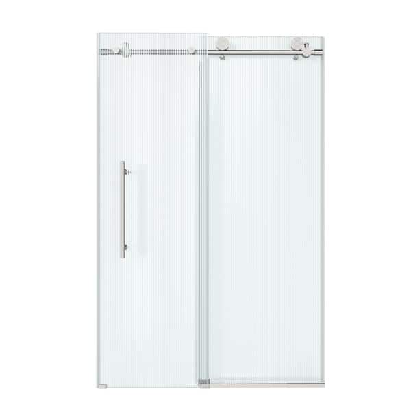 48 in. W x 76 in. H Framless Single Sliding Shower Door in Brushed Nickel with 3/8 in. (10mm) Fluted Glass