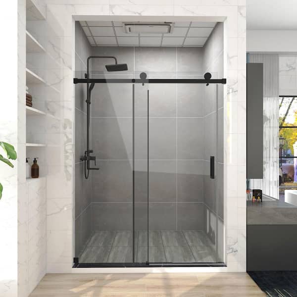 Maincraft 60 in. W x 76 in. H Single Sliding Frameless Corner Shower Enclosure in Matte Black with Clear Glass