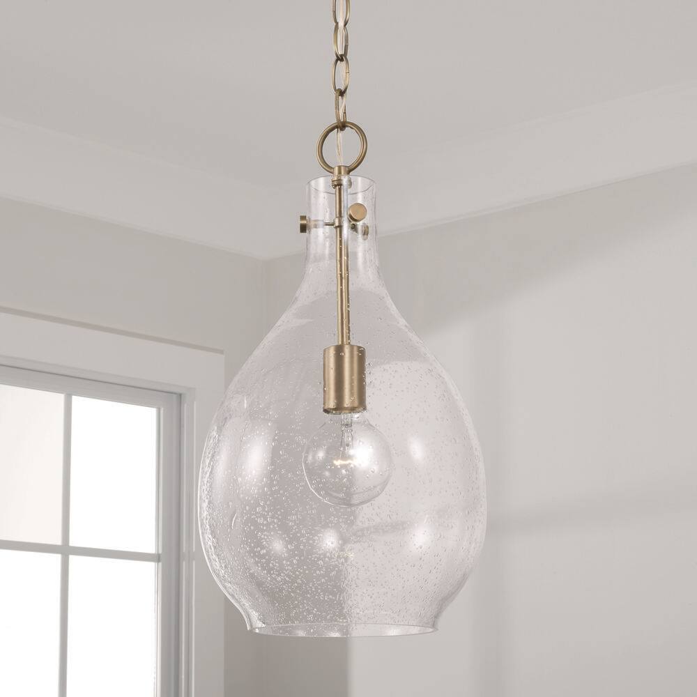 Aged Brass Teardrop Pendant Light with Seeded Glass Shade