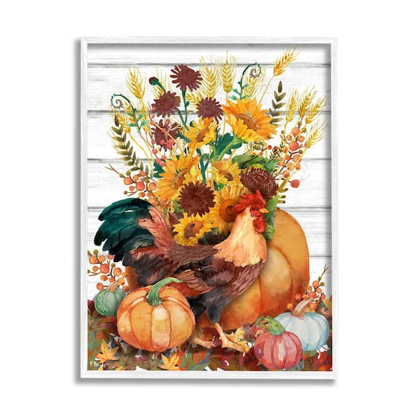 Stupell Industries Rustic Sunflowers and Hen by Paul Brent 1 Piece Framed Graphic Print Animal Poster Art Print 14 in. x 11 in.