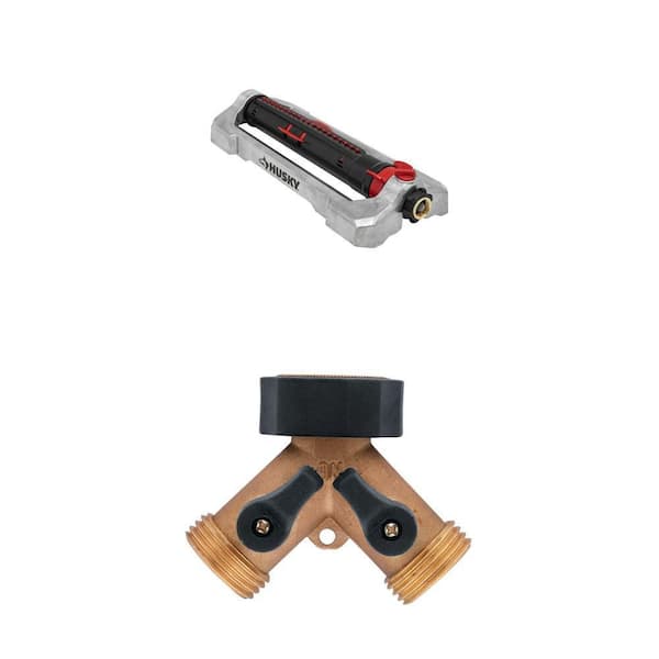 4500 sq. ft. Turbo Oscillating Sprinkler and Heavy-Duty Brass 2-Way Shut-Off Hose Faucet Adapter Fitting Combo