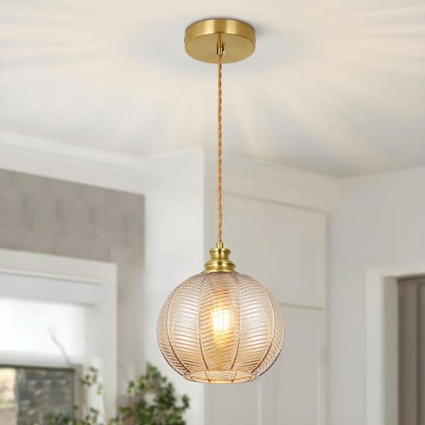 Jasslynn 1-Light Amber Pendant Light with Leaf Shape Ribbed Glass Shade for Kitchen Island Dining room