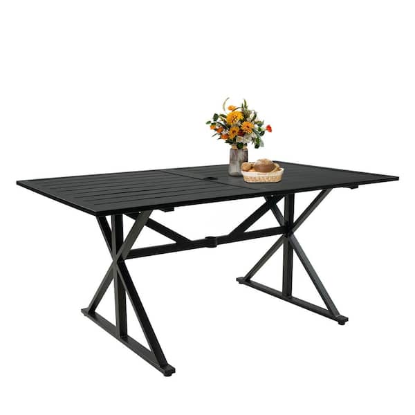 MEOOEM 63 in. x 38 in. Rectangle Black Outdoor Patio Dining Table Wrought Iron Metal Desk