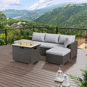 6-Piece Outdoor Wicker Patio Conversation Seating Set with Propane Fire Pit Table (Light Gray Cushion)