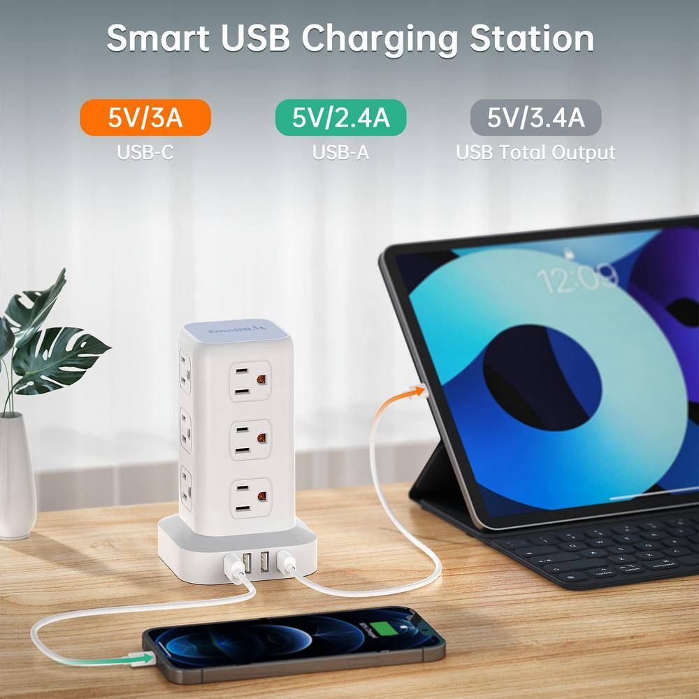 White 16-in-1 Tower Power Strip with USB-C and 6.5 ft Cord