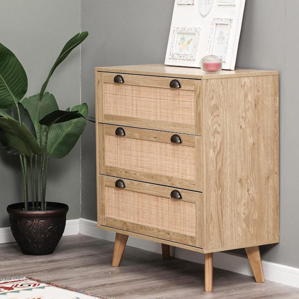 PHI VILLA 35 in.Oak Yellow Buffet Sideboard With Particle Board and Pinewood Legs, Natural Rattan Decor Drawers