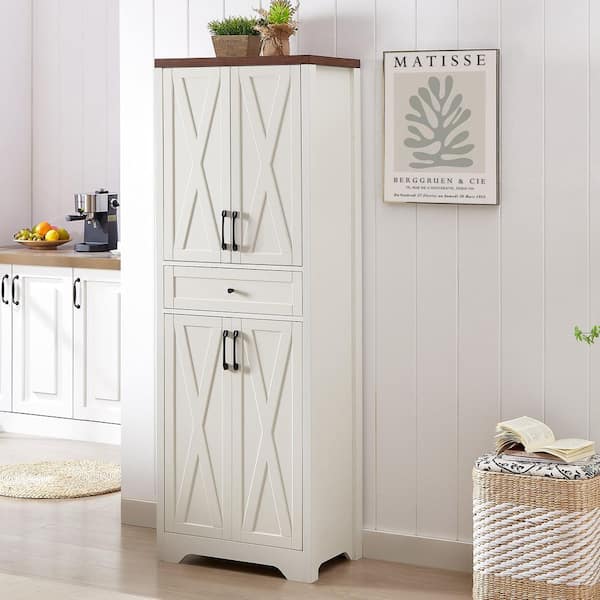 68 in. White and Walnut Particle Board and MDF Wood 23.7 in. W x 68 in. H Pantry Cabinet with Storage