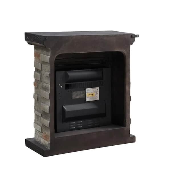 28 in. Tan Freestanding Faux Stone Infrared Electric Fireplace with Mantel