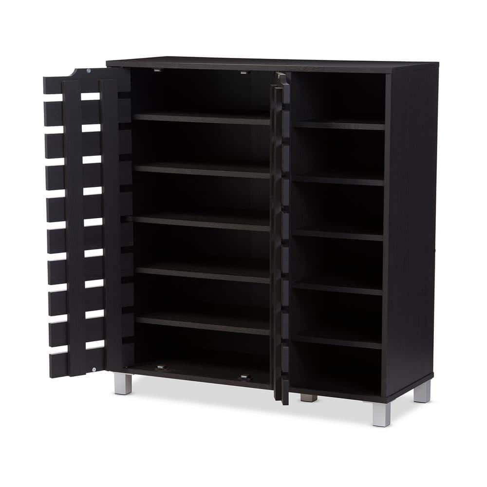 Shirley Dark Brown Wood and Metal 2-Door Shoe Cabinet with Open Shelves