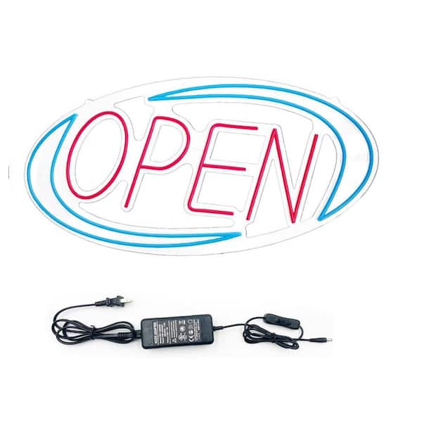 1 Pack Neon Open Sign LED Oval Blue Red Acrylic Remote Control Flashing Modes Window Shop Bar Coffee Salon Store