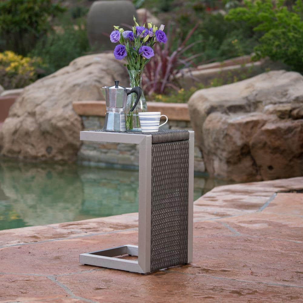 New Brown Outdoor Patio Modern Metal C-Shaped End Table for Backyard, Deck,