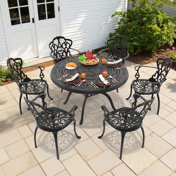 7-Piece Black Cast Aluminum Outdoor Dining Set with Off-White Cushions