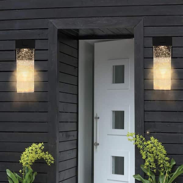 Sunpez 2-Piece Black Wall Sconce with Light Sense, Waterproof Transparent LED with Crystal Bubble Glass Porch Outdoor Light